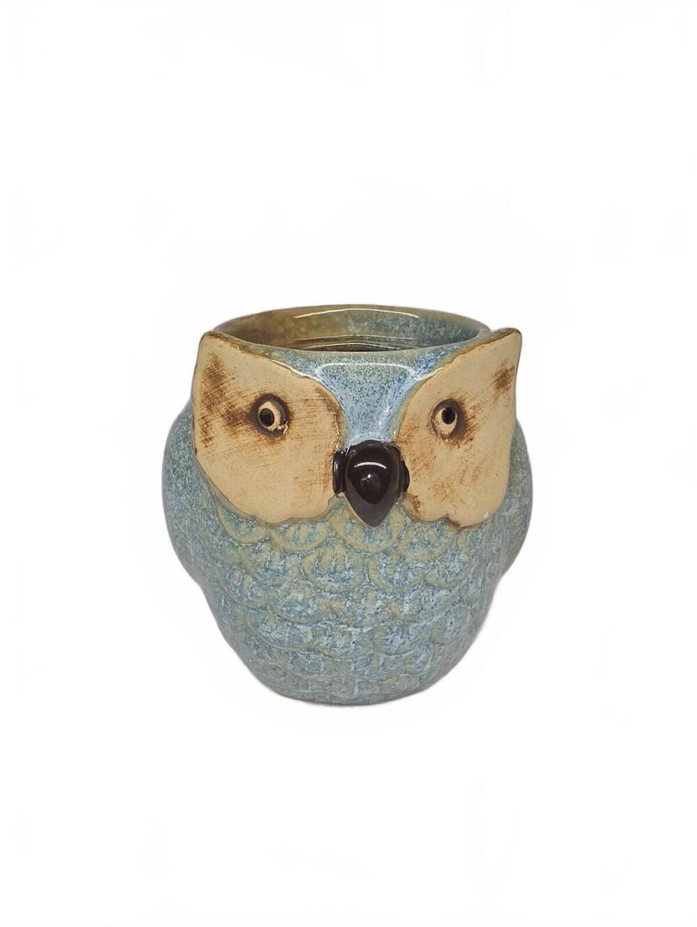 Vintage Chadwick Style Ceramic Votive Candleholder Planter Blue Turquoise Owl 4”